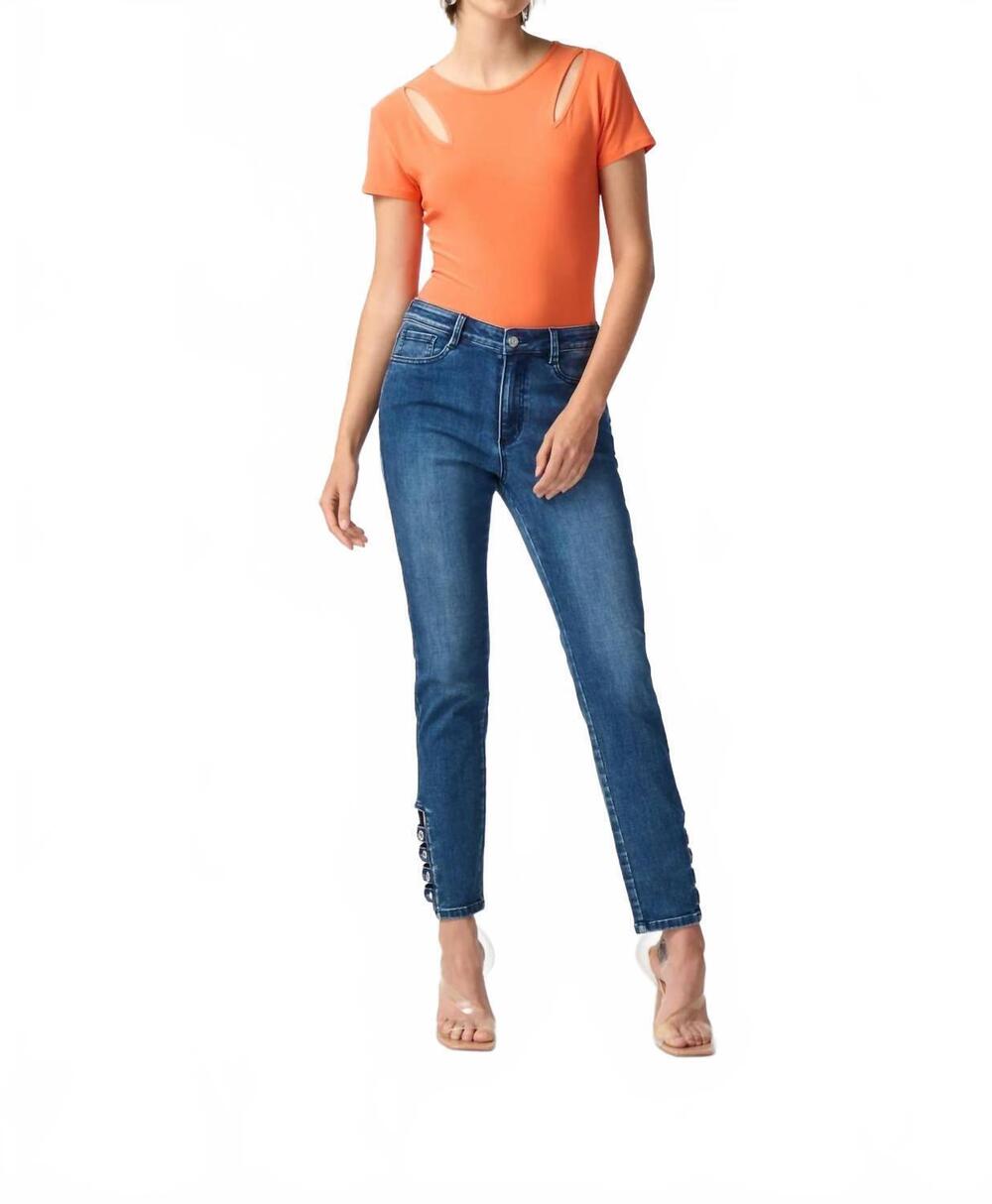 NEW JOSEPH RIBKOFF embellished hem ankle grommets straight jeans in medium wash
